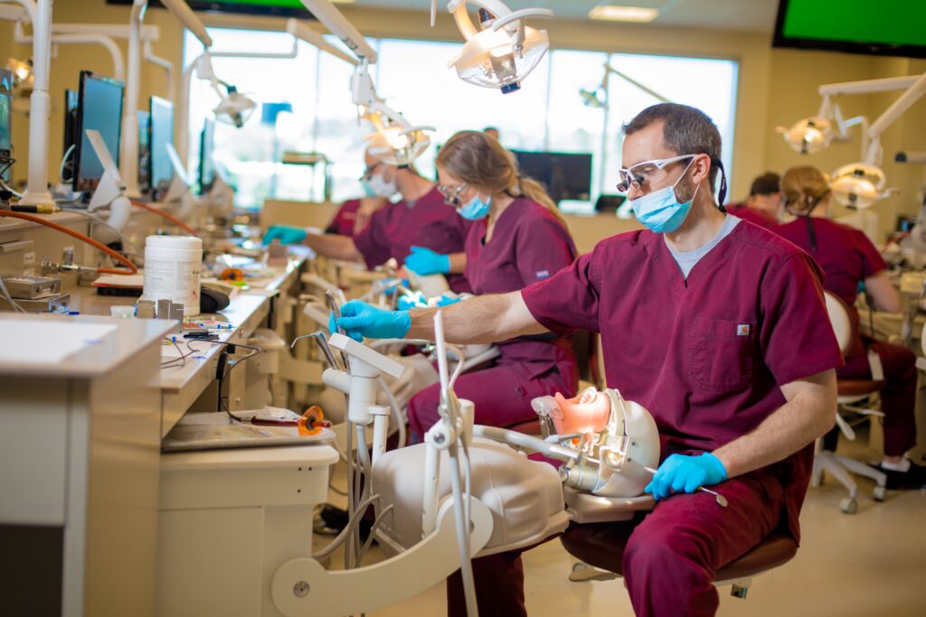 Roseman University dental students working on dental manikin