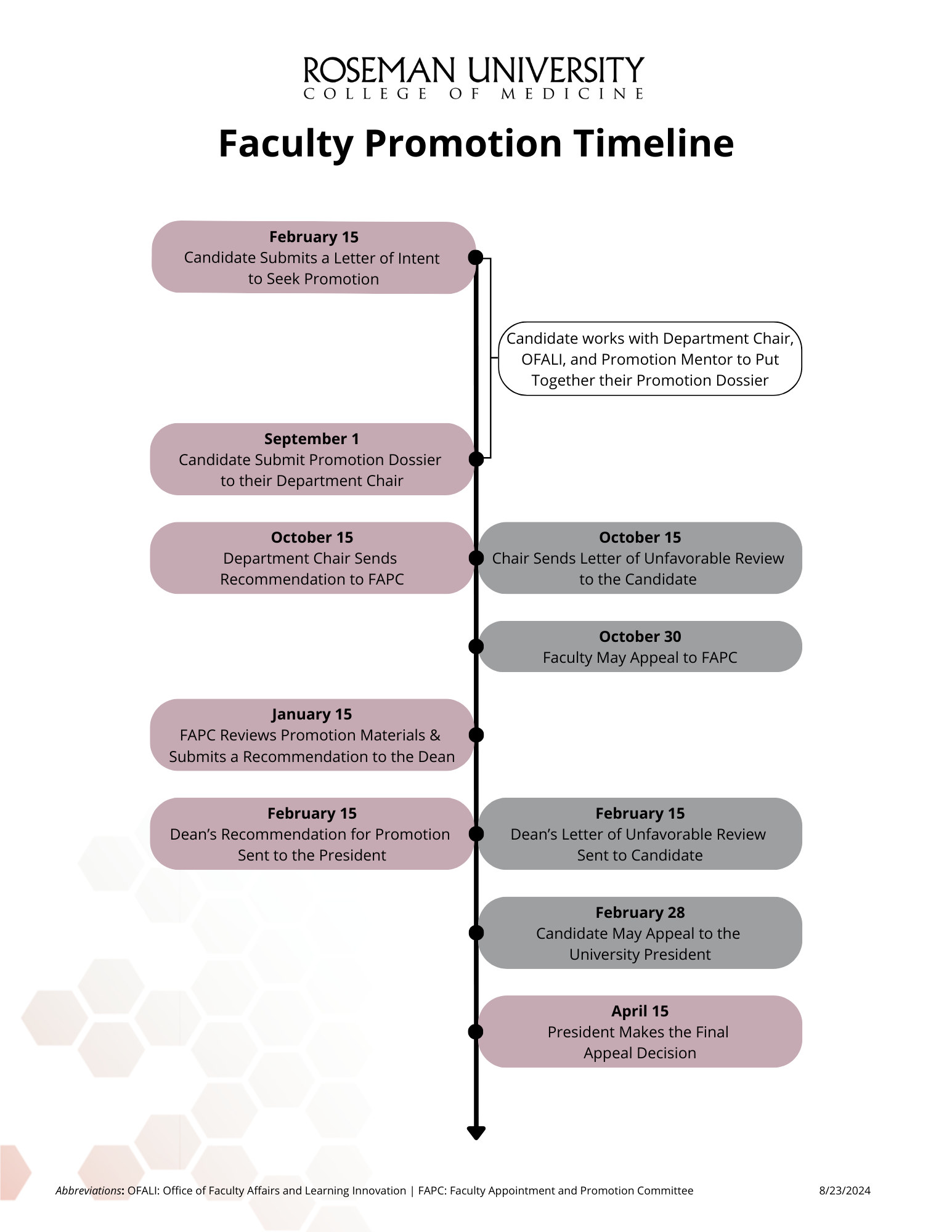 Roseman University College of Medicine faculty promotion timeline chart