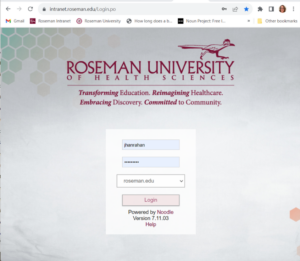 Roseman University Intranet login screenshot
