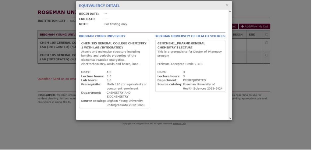 Roseman's Prerequisite Evaluation Tool screenshot