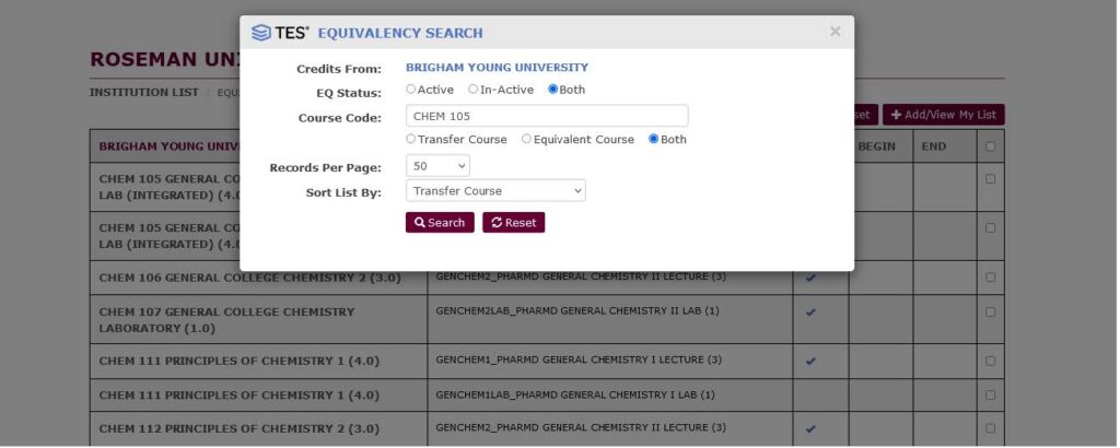 Roseman's Prerequisite Evaluation Tool screenshot