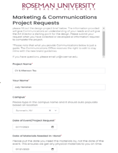 Roseman University branding request screenshot