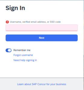 SAP Concur login screenshot