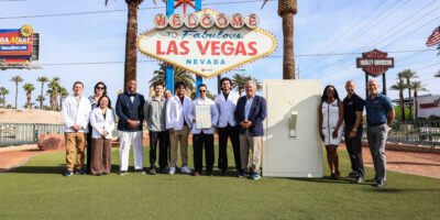 Roseman University students at the Welcome to Las Vegas sign.